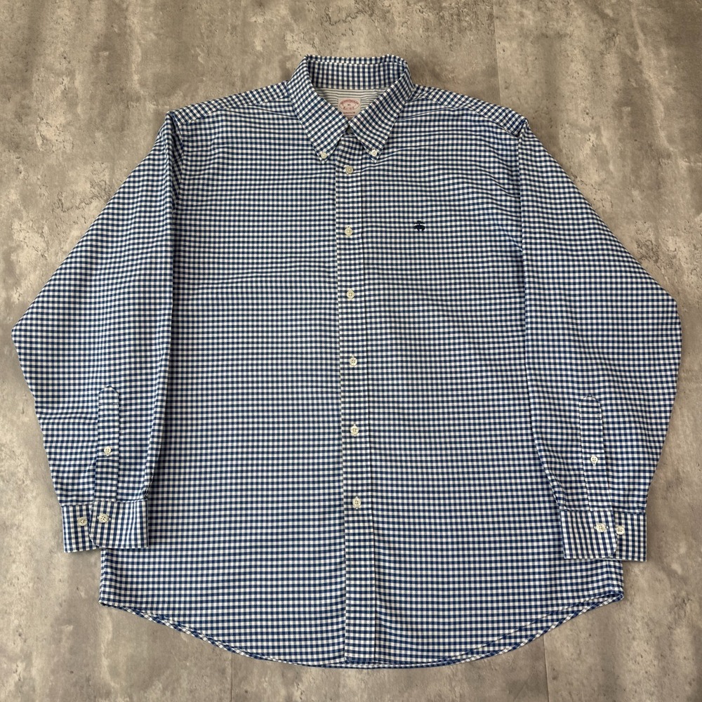 Brooks Brothers Madison Shirt Mens XL Blue Gingham Non Iron Supima Button Down